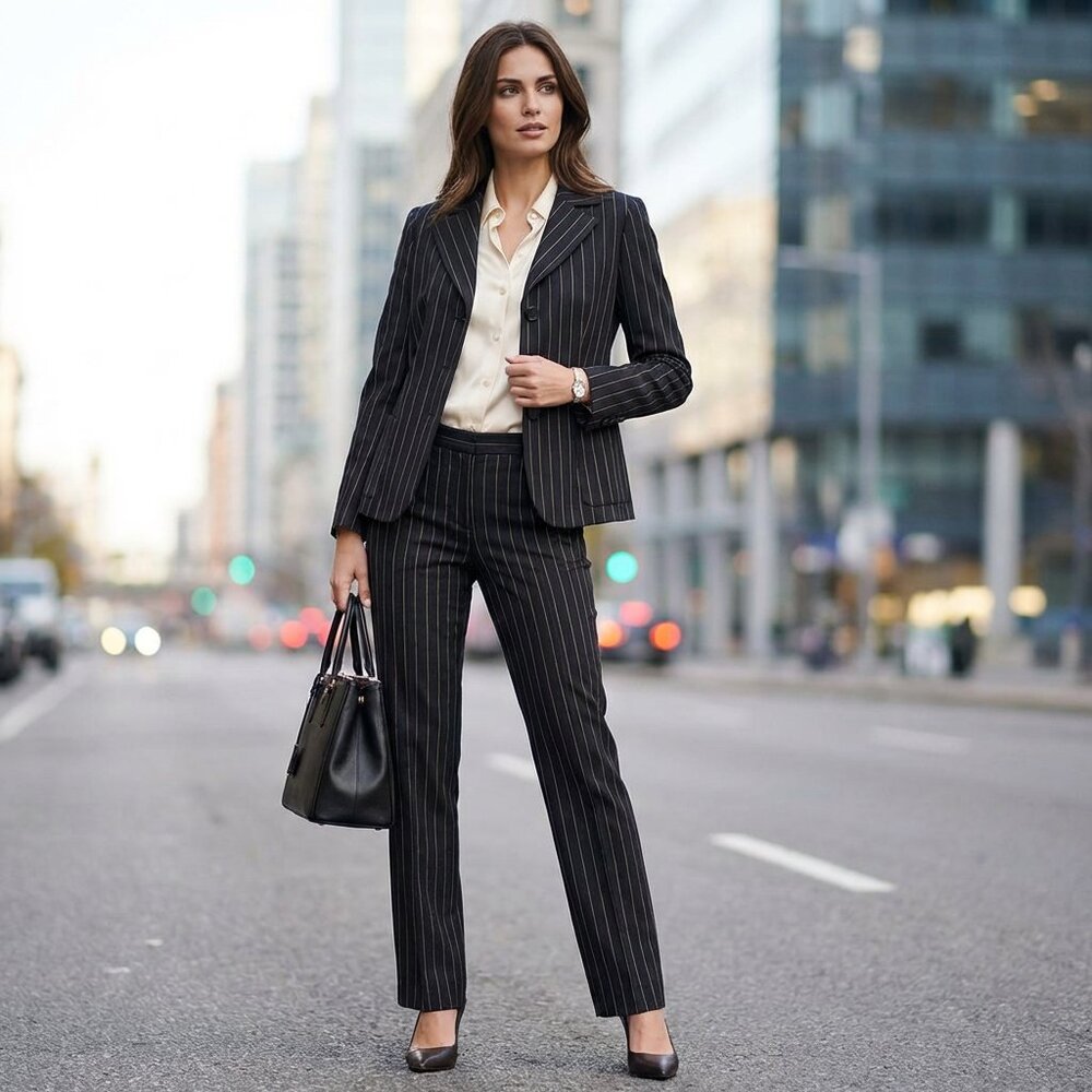 Armani Collezioni  Black Virgin Wool Flat Front Pinstripe Pants Suit Size 8